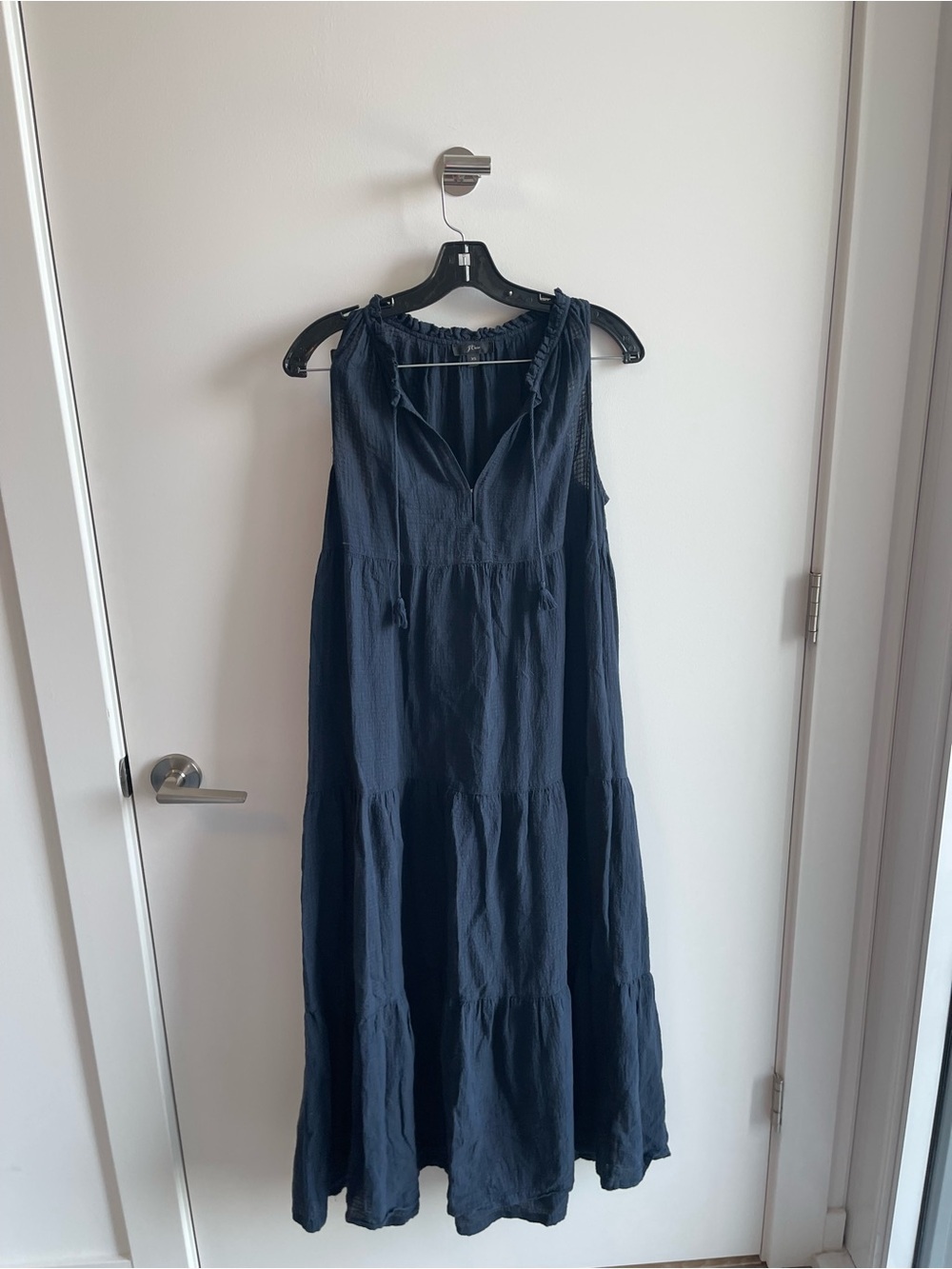 J Crew Sleeveless Navy Tiered Maxi Dress with Tie Neck